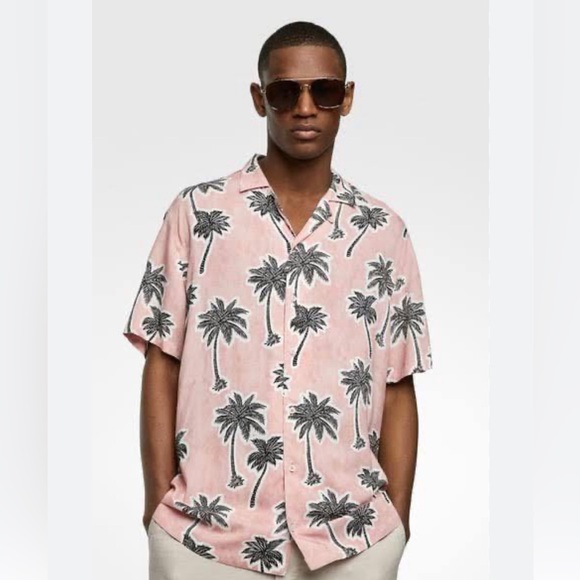 ZARA Mens Pink Palm Tree Relaxed Fit Button Up, Size XL - Picture 1 of 4